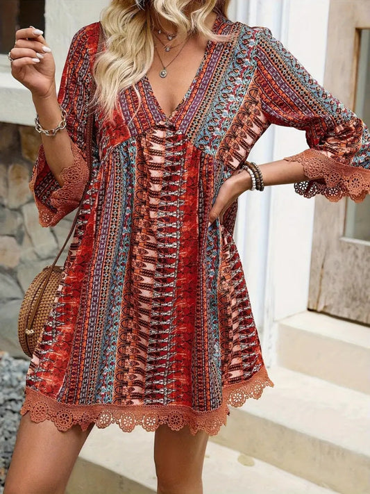 How To Style: V-Neck Dress - Lace Trim - Floral Print - Polyester Spandex