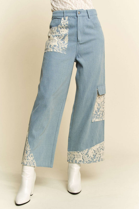 How To Style: Wide Leg Denim Pants - Lace Applique - No Stretch - 100% Cotton