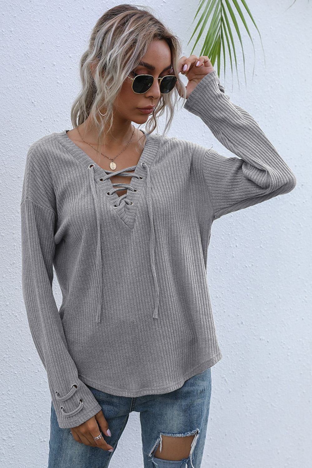 How To Style: V-Neck Ribbed Top - Lace-Up - Dropped Shoulders - Long Sleeve