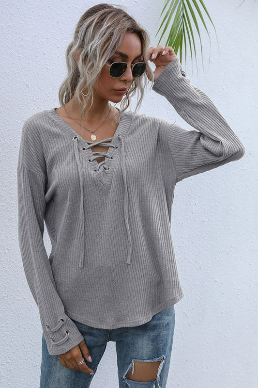 How To Style: V-Neck Ribbed Top - Lace-Up - Dropped Shoulders - Long Sleeve
