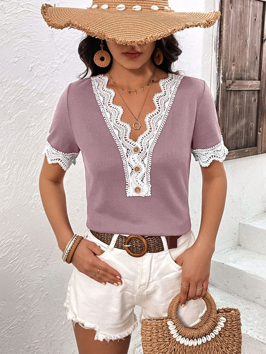 How To Style: V-Neck Stretch Top - Lace Accents - Short Sleeves - Chic Style