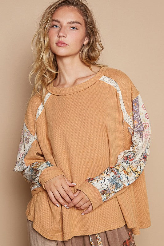 How To Style: Waffle-Knit Top - Round Neck - Lace Detail - Polyester