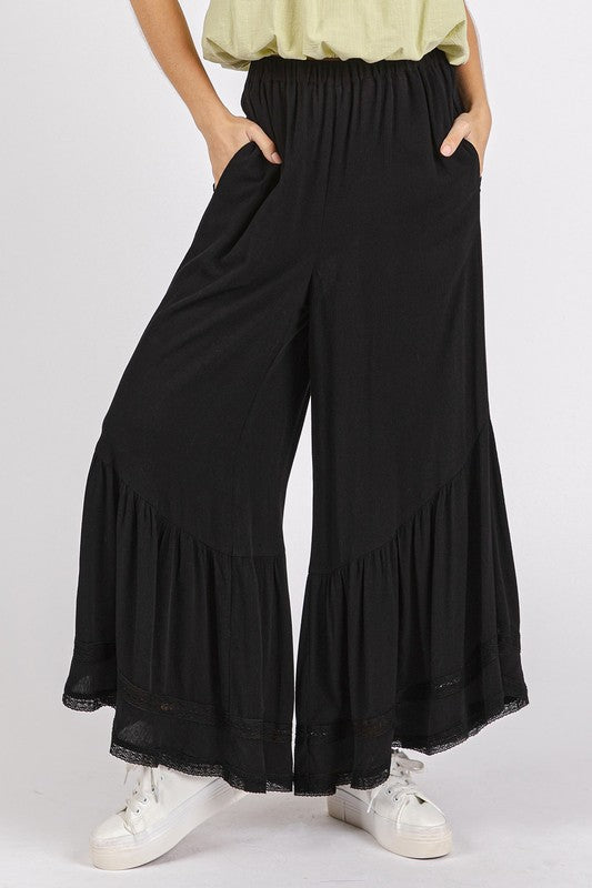 How To Style: Wide Leg Pants - Lace Ruffle Asymmetric Hem - Pockets