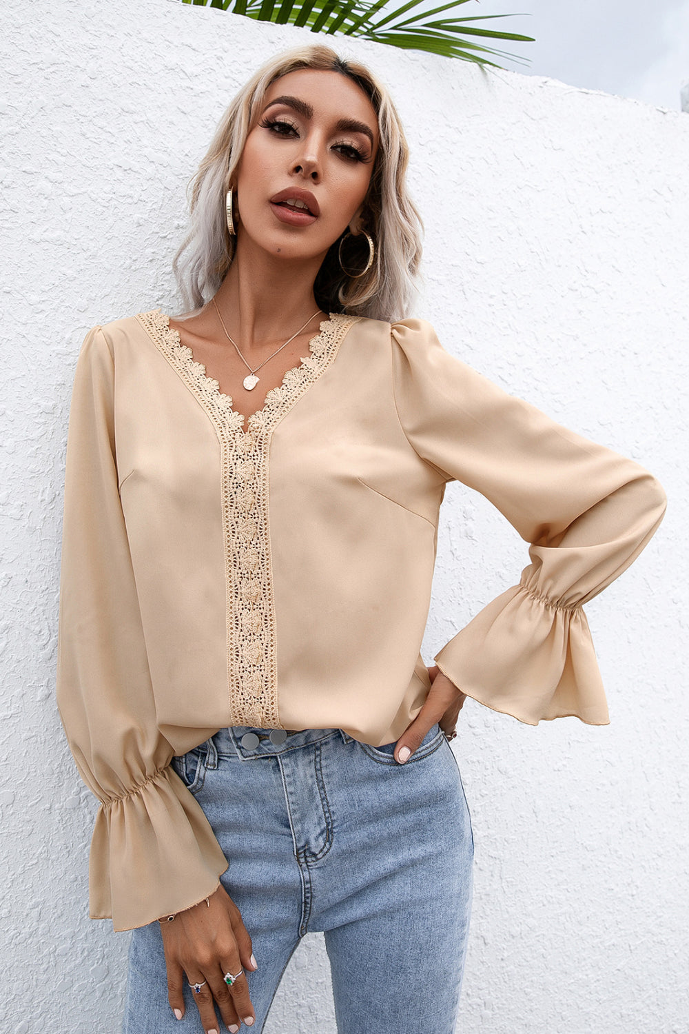 How To Style: V-Neck Blouse - Flounce Sleeves - Lace Trim - Relaxed Fit