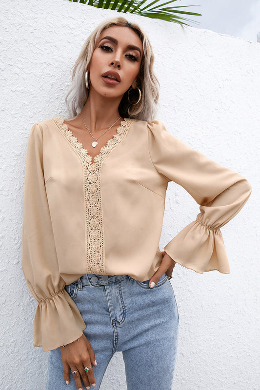How To Style: V-Neck Blouse - Flounce Sleeves - Lace Trim - Relaxed Fit