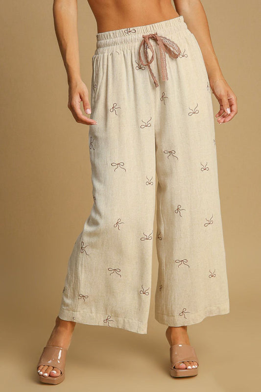 How To Style: Wide-Leg Pants - Embroidered Bow - Drawstring Waist - Linen Blend