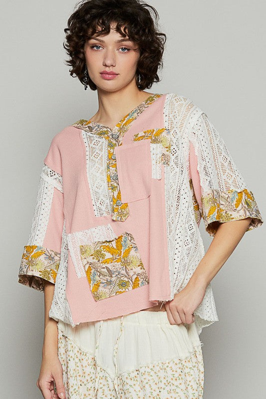 How To Style: Waffle-Knit Top - Lace Patchwork - Half Button - Vintage Look