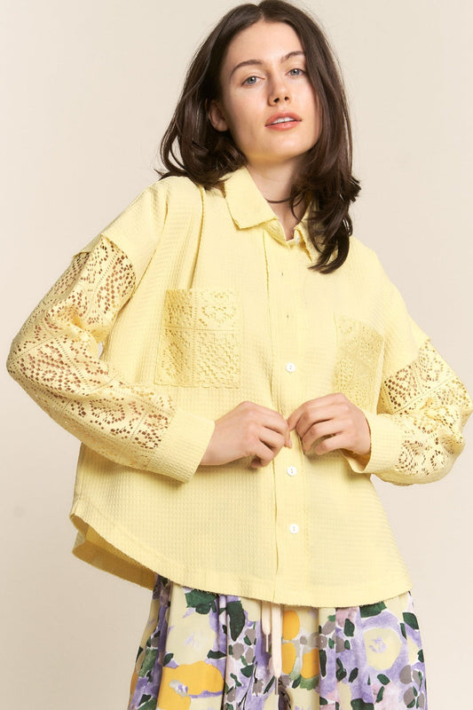 How To Style: Waffle Knit Shirt - Lace Trim - Button Down - Long Sleeve Top