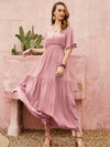 Dusty Pink Lace Detail V-Neck Short Sleeve Dress 4-23-overseas Rusttydustty Ship From Overseas