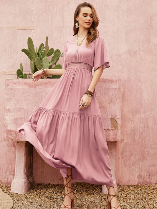 Dusty Pink Lace Detail V-Neck Short Sleeve Dress 4-23-overseas Rusttydustty Ship From Overseas