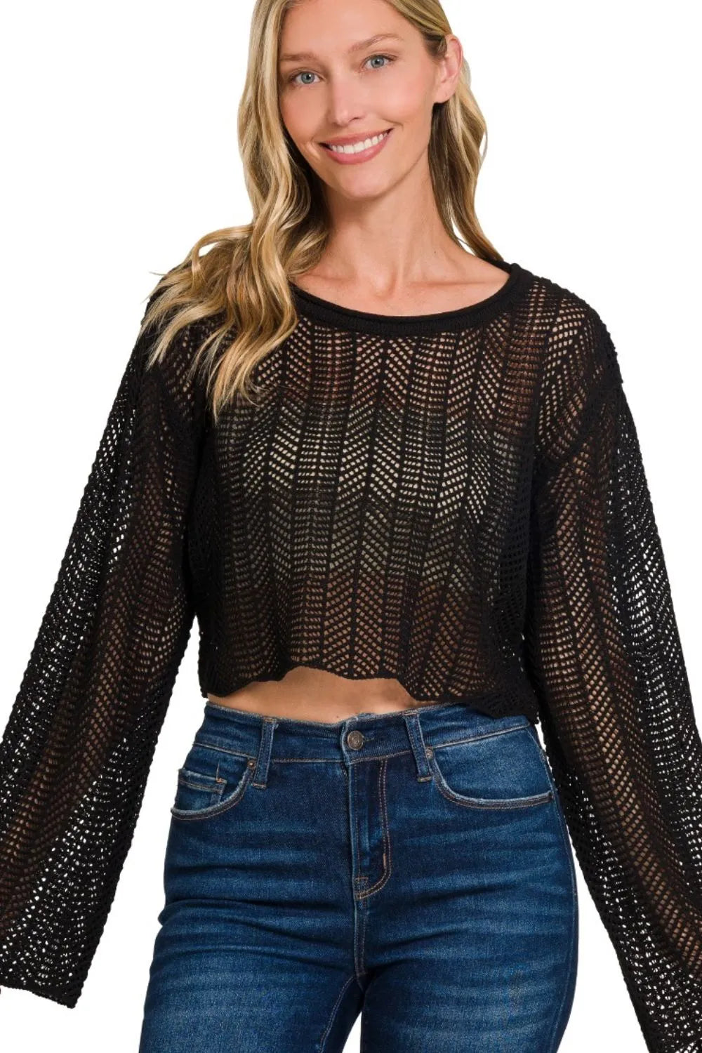 Black Crochet Knit Sweater - Sheer, Openwork, Cropped 7-6 Ship from USA Zenana