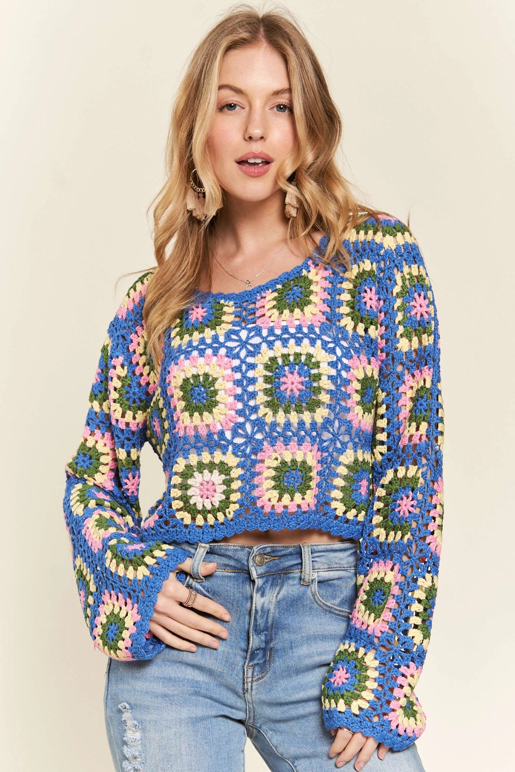DENIM Multicolor Crochet Crop Top - trendy, bohemian, playful 7-6 ADORA Ship from USA