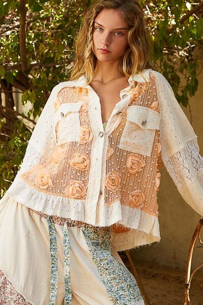 L Apricot Lace Patchwork Shirt - Flower Pearl Details new patch patches patchwork POL Ship from USA top