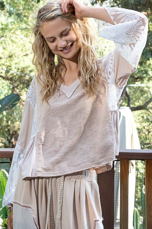 Beige Lace Blouse – V-Neck, Flare Sleeves, Semi-Sheer Apparel & Accessories > Clothing > Tops Only Available for U.S. Residents POL Ship from USA sync-pinterest