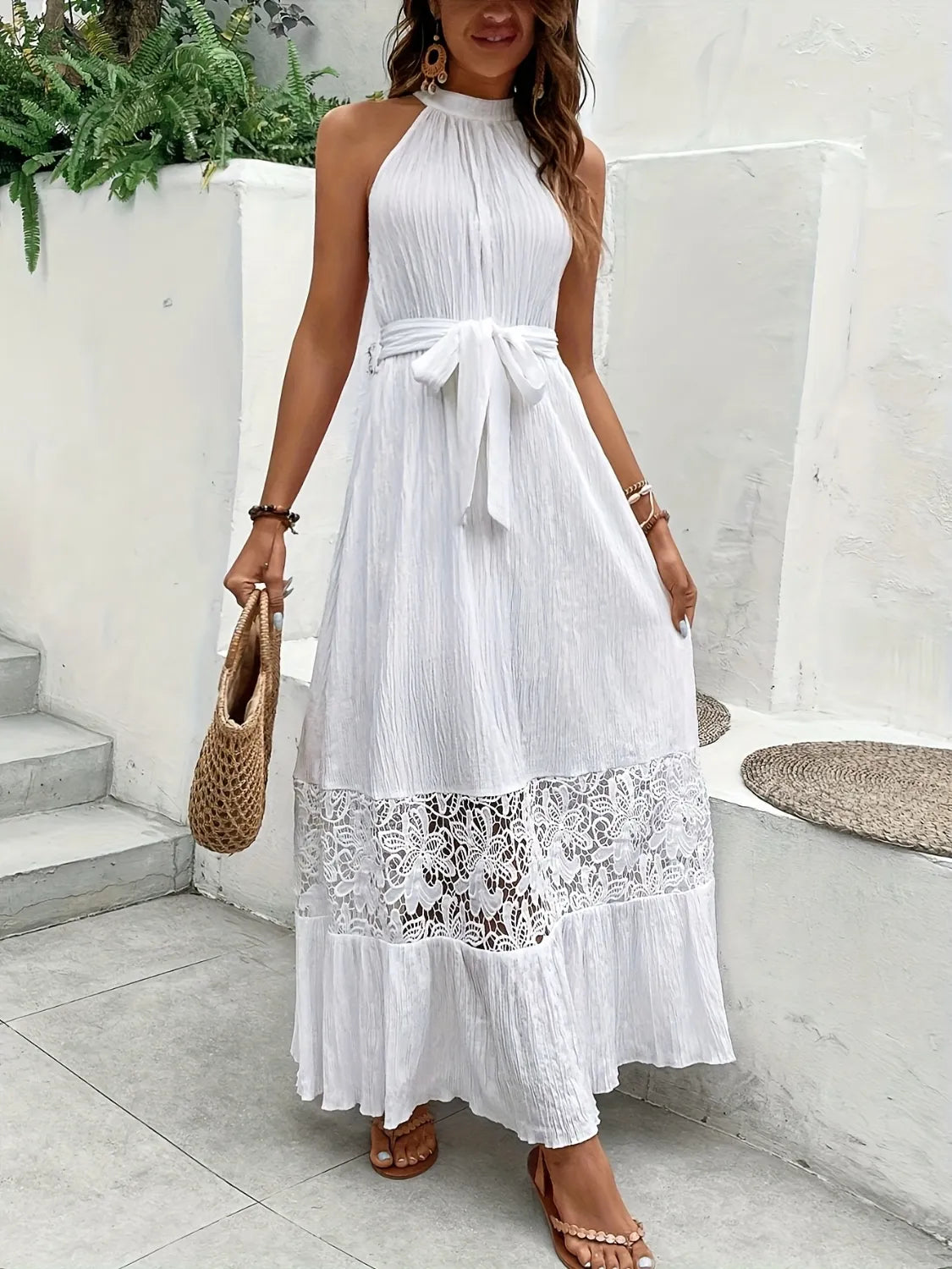 White Dress - Maxi - Cami - Sleeveless - Lace Detail - Flowy - Lightweight 5-1-overseas Macido Ship From Overseas