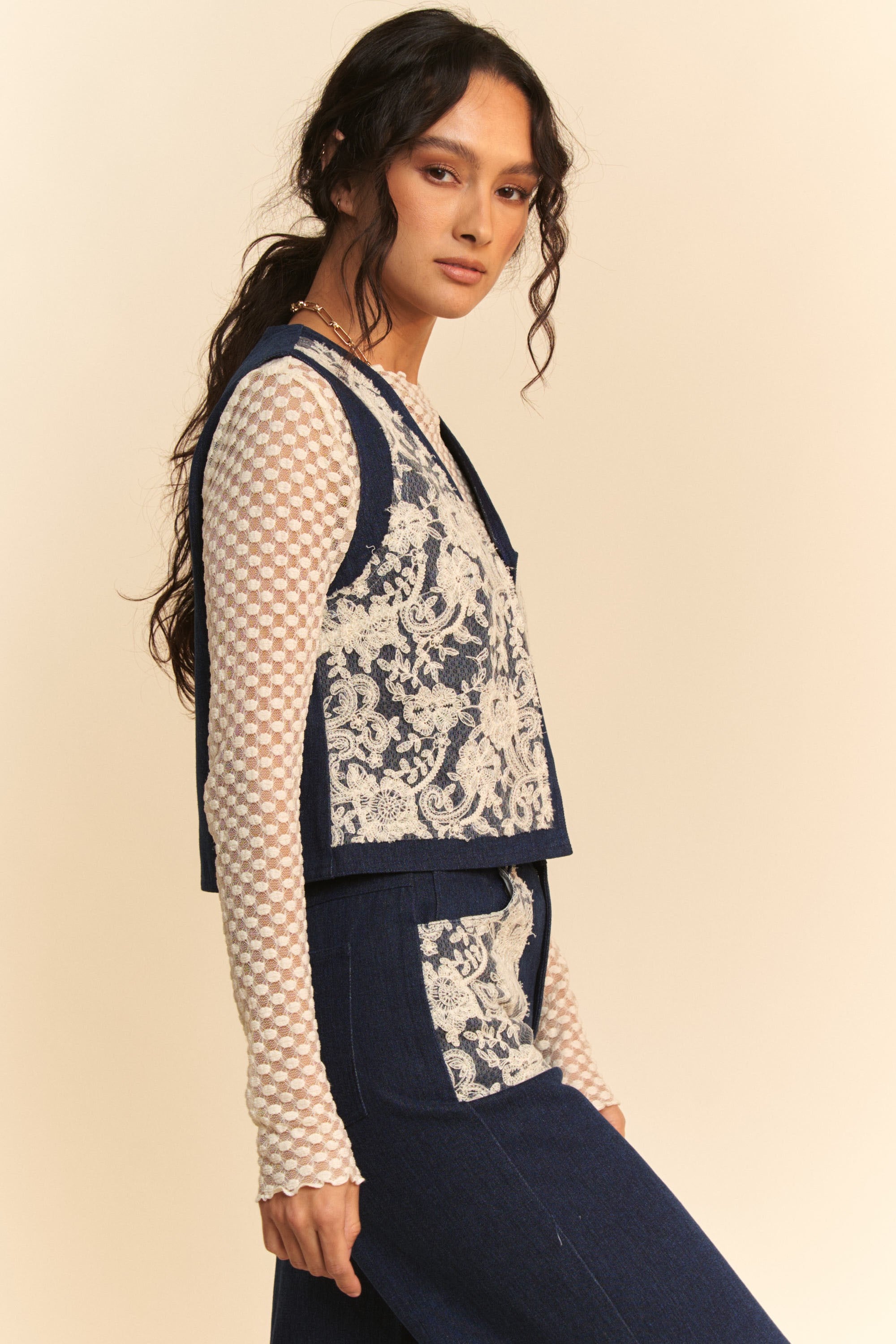 Denim Vest - Open Front - Lace Accents - 100% Cotton Apparel & Accessories > Clothing > Outerwear autopostr_pinterest_72819 Davi & Dani Only Available for U.S. Residents Ship from USA sync-pinterest