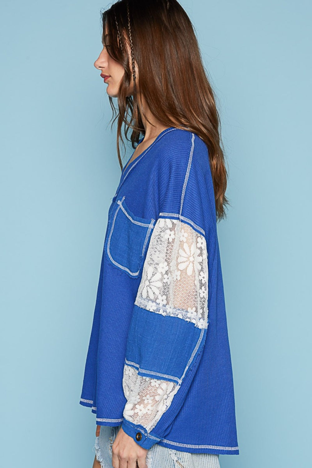 Ultramarine Lace Top - Long Sleeve - Balloon Sleeve - V Neck Clothing & Accessories > Clothing > Tops balloon exposed lace neck pinterestnew pol seam sleeve top