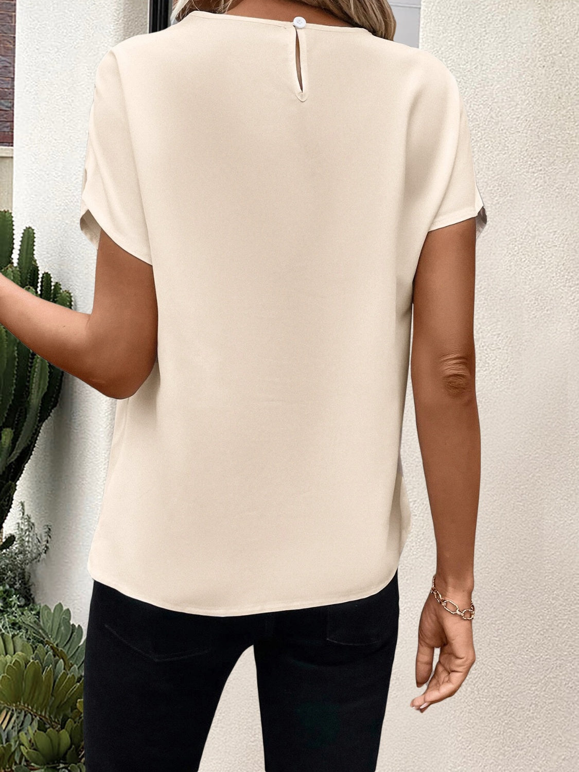 Semi-Sheer Lace Detail Top - 100% Polyester - Machine Washable Apparel & Accessories > Clothing > Tops Blouse Detail Lace Lace Detail MGZY Neck Neck Short Round Round Neck Ship From Overseas Short Short Sleeve Sleeve Sleeve Blouse sync-pinterest T V