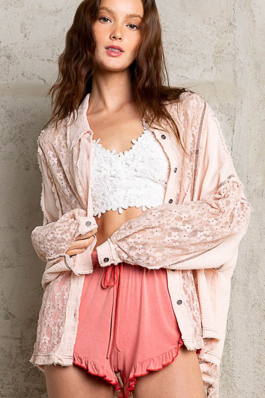 Baby Pink Baby Pink Oversized Lace Shirt - Button Down Clothing & Accessories > Clothing > Tops > Shirts button lace oversize pinterestnew pol shirt