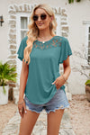 Turquoise Lace Blouse - Flutter Sleeve - Round Neck - Casual Top - Solid Color Apparel & Accessories > Clothing > Tops Flutter Flutter Sleeve Lace Lamy Ship From Overseas Sleeve Sleeve T Sleeve Top Spliced Spliced Lace sync-pinterest T Top V