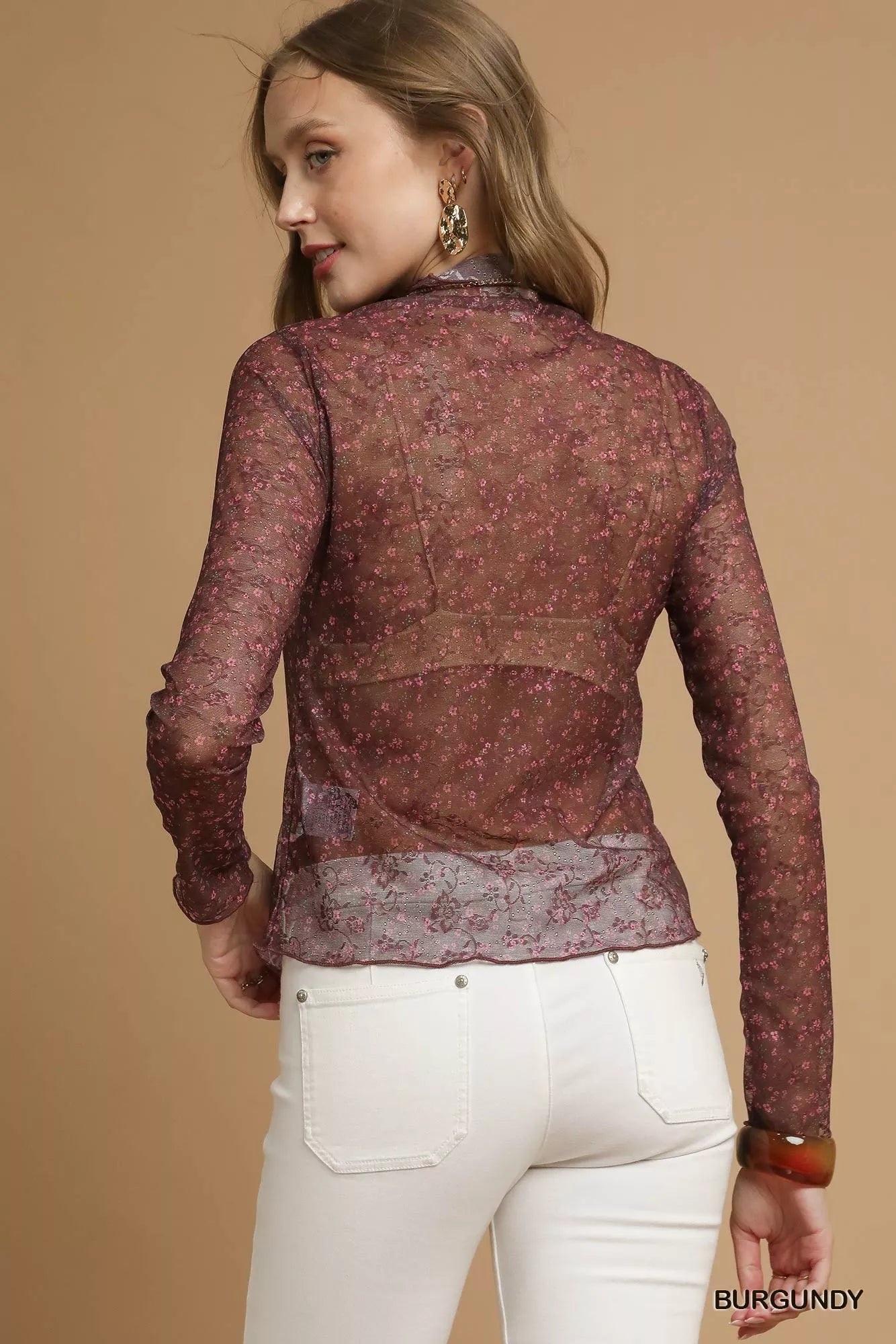 Women’s Nylon Lace Mesh Sheer Long Sleeve Top 9-7 Ship from USA Umgee USA