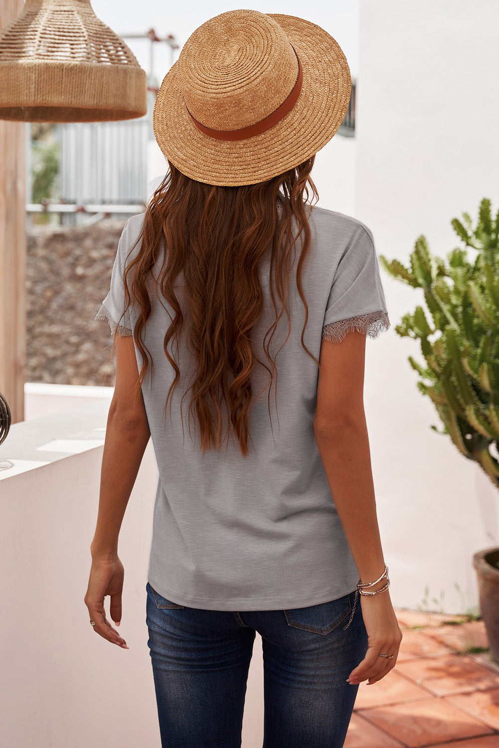 Women's Lace Detail V-Neck T-Shirt- Soft Fabric- Casual Style Detail Detail V Lace Lace Detail Neck Ship From Overseas Shirt SYNZ V