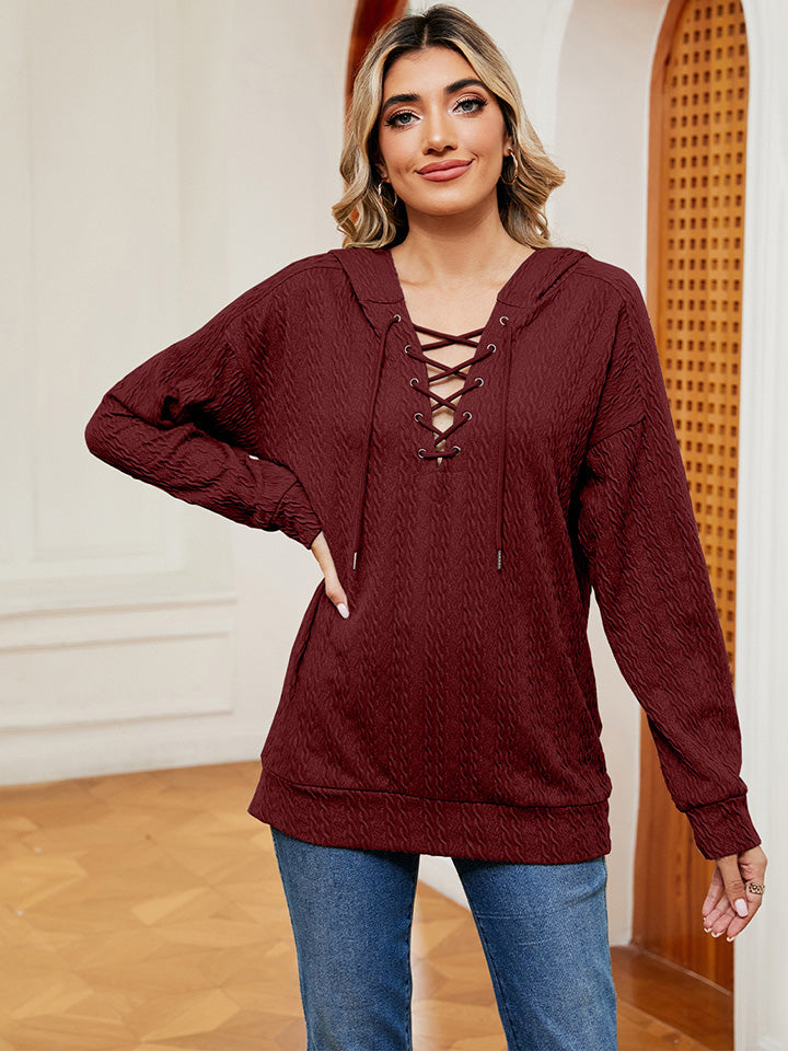Hoodie - Lace-Up Stretch Rayon Opaque Long Sleeve Top Apparel & Accessories > Clothing > Tops > Hoodies M.N.Y Ship From Overseas sync-pinterest