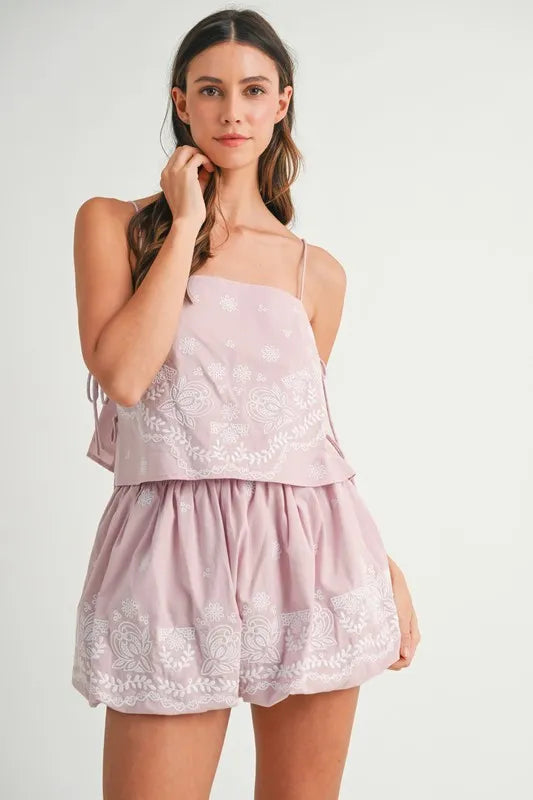 Mauve Embroidered Crop Cami Balloon Mini Skirt Set - Lightweight Trendy Matching MABLE Only Available for U.S. Residents Ship from USA