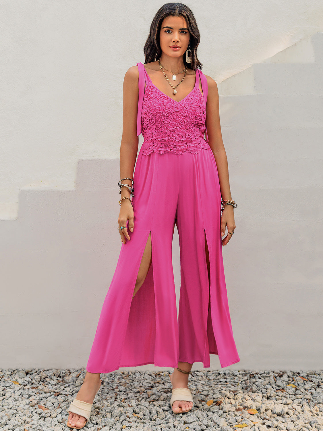 Hot Pink Lace Tied Slit Viscose Dress with Machine Washable Care Apparel & Accessories > Clothing > Jumpsuits H.R.Z Jumpsuit Neck Neck Wide Neck Wide Strap Ship From Overseas Slit Strap sync-pinterest V Wide Wide Strap