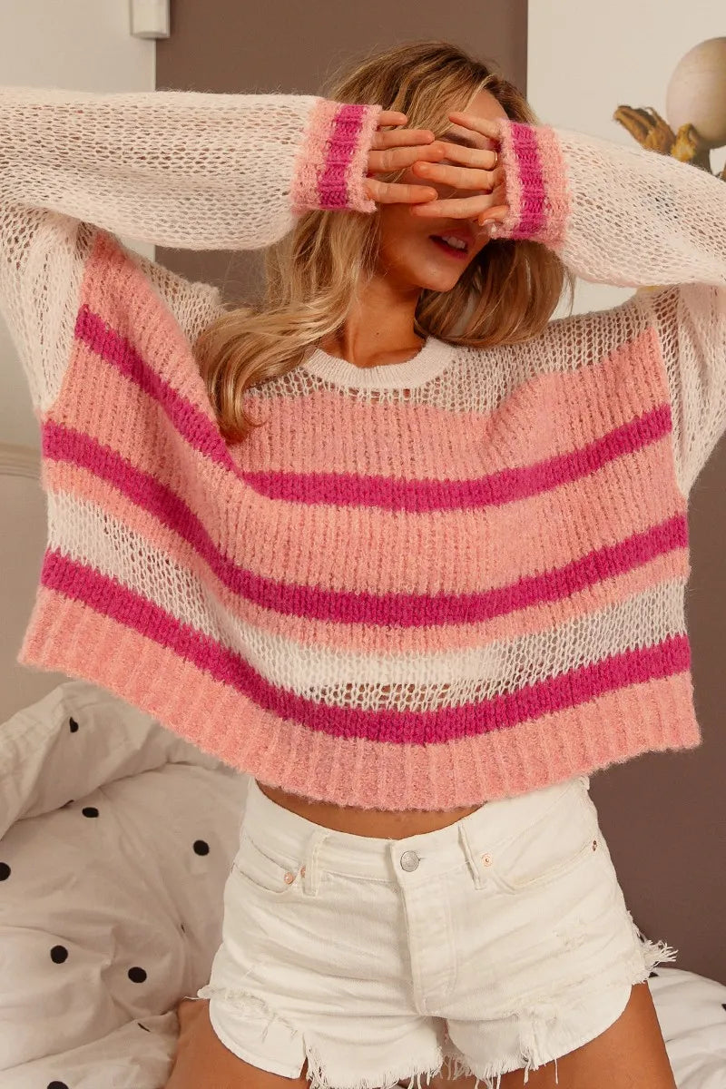 Pink Knit Pullover - Chic Layering Comfortable 7-11 BiBi Ship from USA