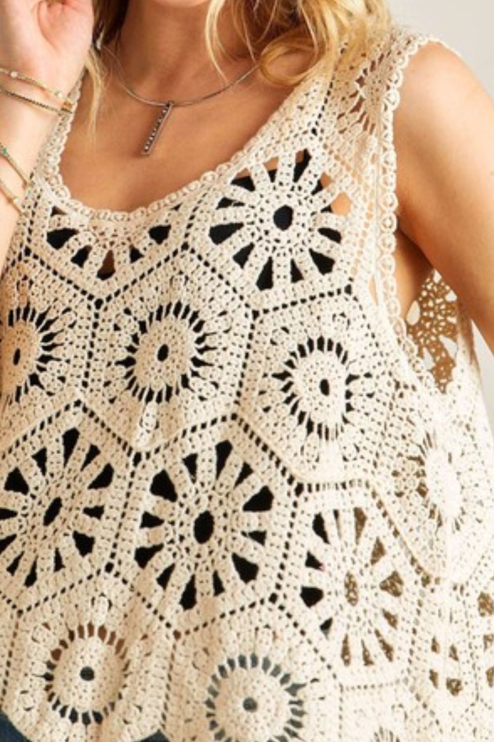 Beige Crochet Wide Strap Tank ADORA Ship from USA