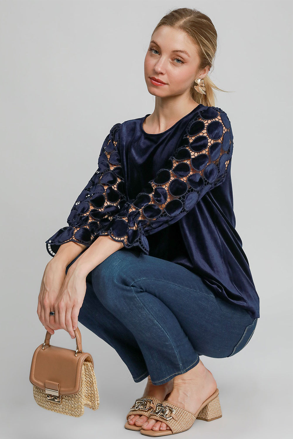 Navy Long sleeve Blouse - Polka Dot new Ship from USA Umgee USA