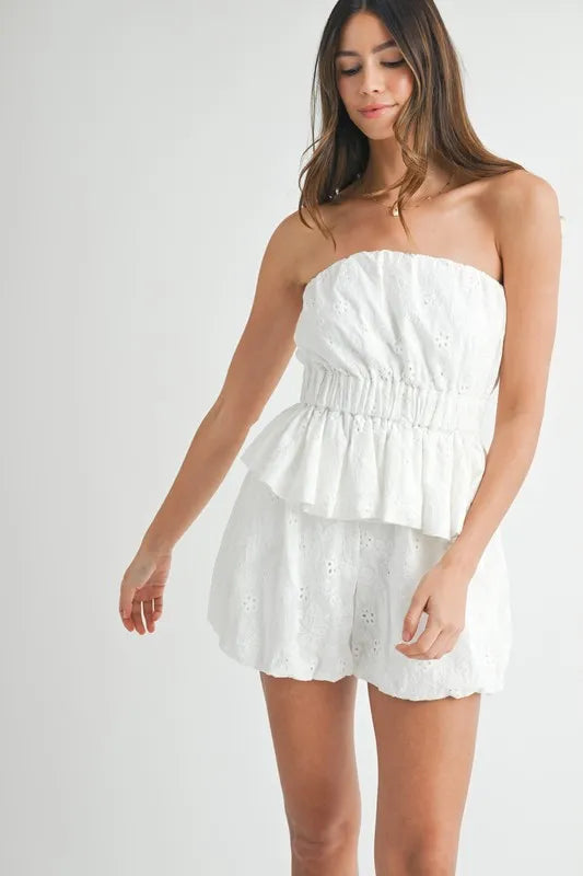 Tube Top Shorts Set - Eyelet Lace - Smocked Peplum Apparel & Accessories > Clothing > Outfits & Sets autopostr_pinterest_71901 autopostr_pinterest_72819 MABLE Only Available for U.S. Residents Ship from USA sync-pinterest