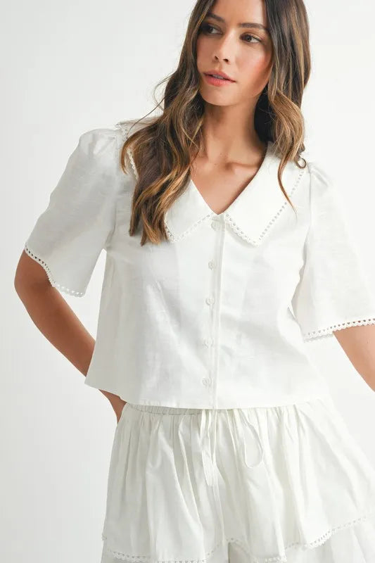 Chic Collared Button-Down Crop Top and Skort Set with Lace Detail Apparel & Accessories > Clothing > Outfits & Sets autopostr_pinterest_72819 MABLE Only Available for U.S. Residents Ship from USA sync-pinterest