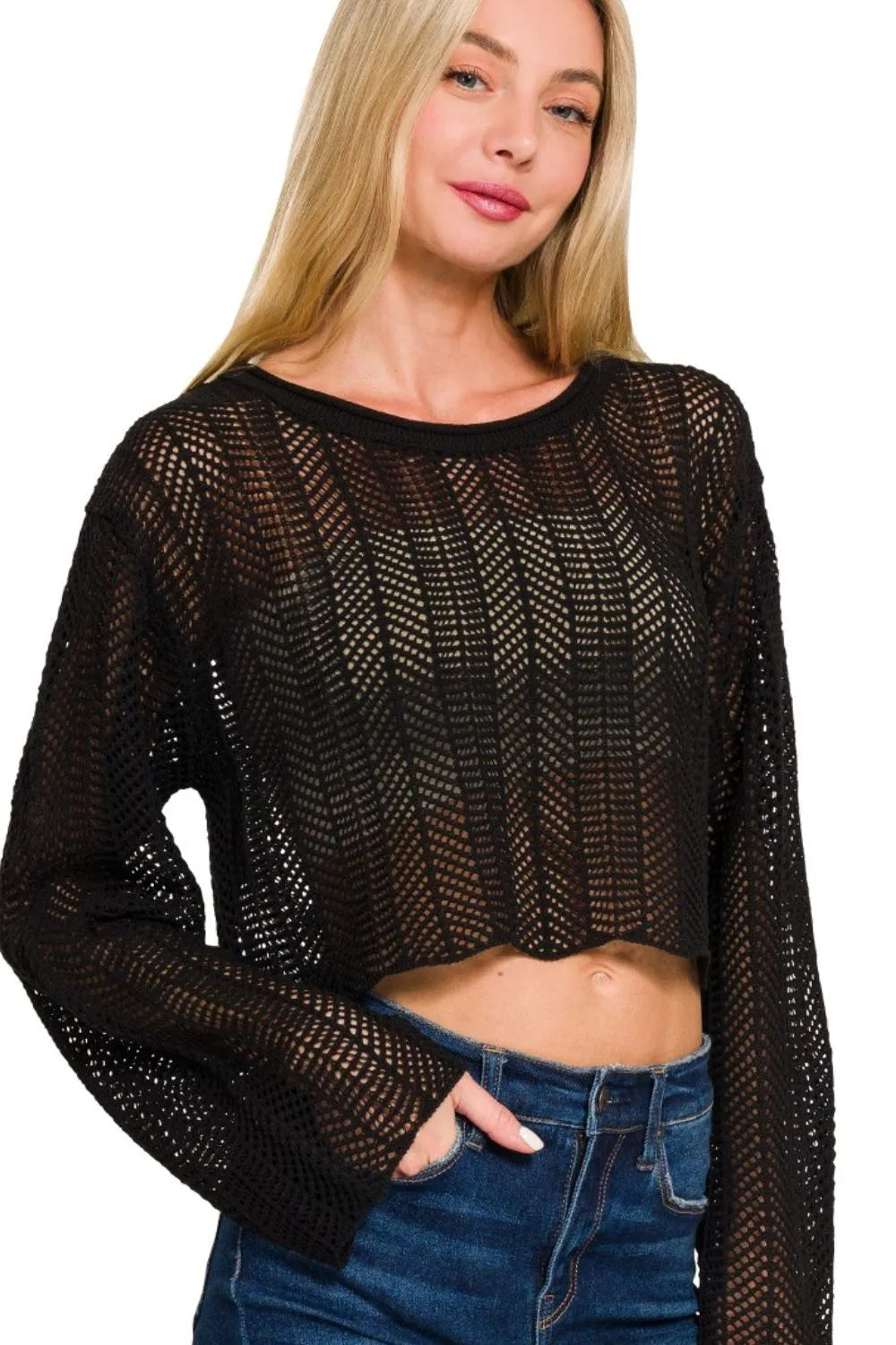 Black Crochet Knit Sweater - Sheer, Openwork, Cropped 7-6 Ship from USA Zenana