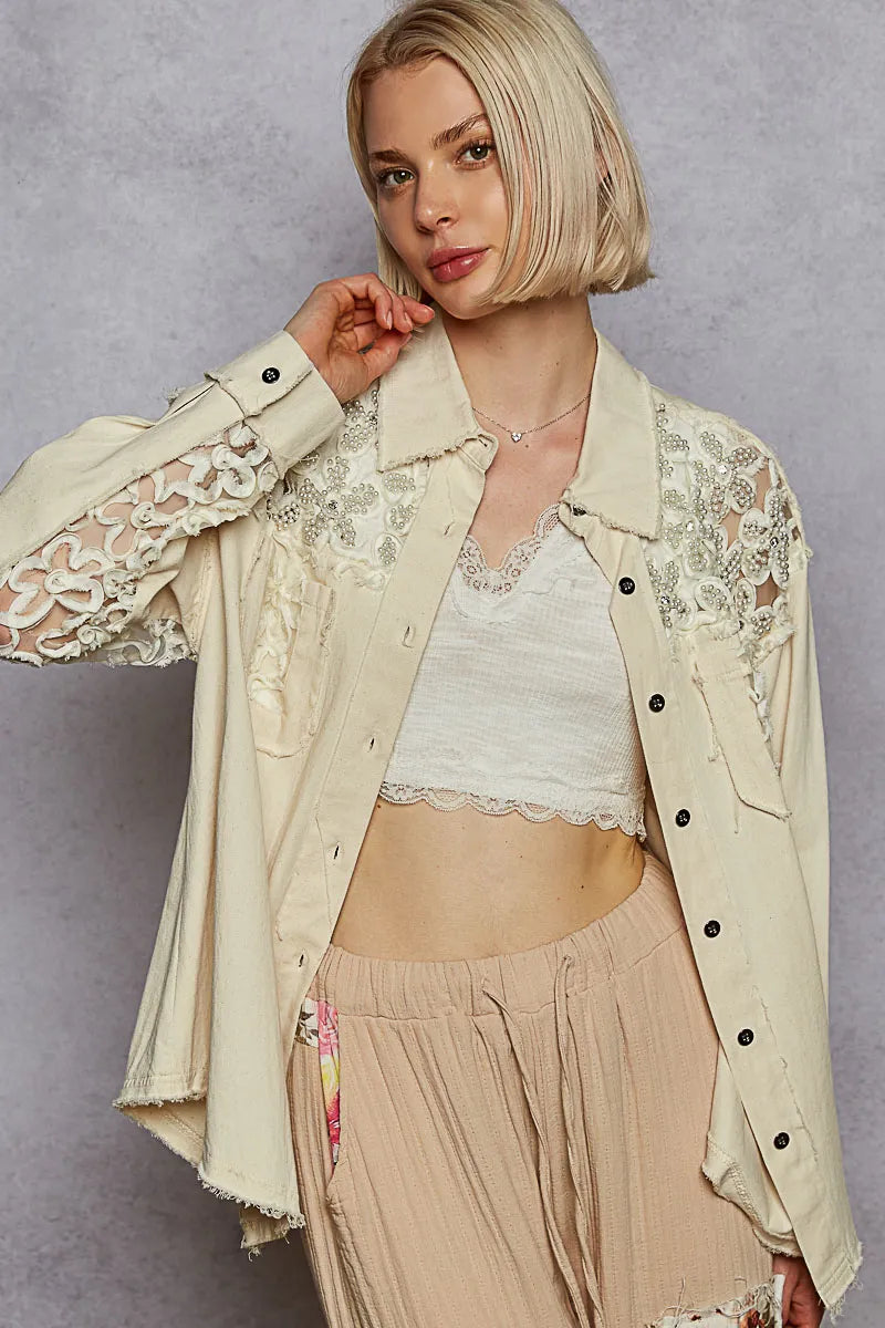 OATMILK White Cotton Shirt - Boho Embroidery Layering 7-11 POL Ship from USA