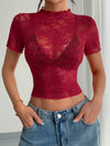 Top - Lace - Mock Neck - Short Sleeve - Elegant - Fitted 5-1-overseas Ship From Overseas WXFS
