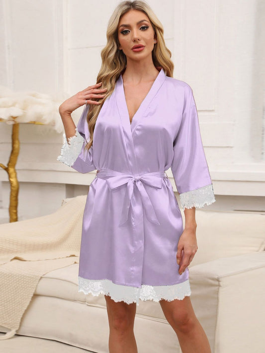 Lilac Long Sleeve Sleep Top - Lace Detail - Tie Accents Apparel & Accessories > Clothing > Sleepwear & Robes D & E.W Detail Lace Lace Detail Lounge Night Quarter Quarter Sleeve Ship From Overseas Sleeve sync-pinterest T Three Tie Tied V