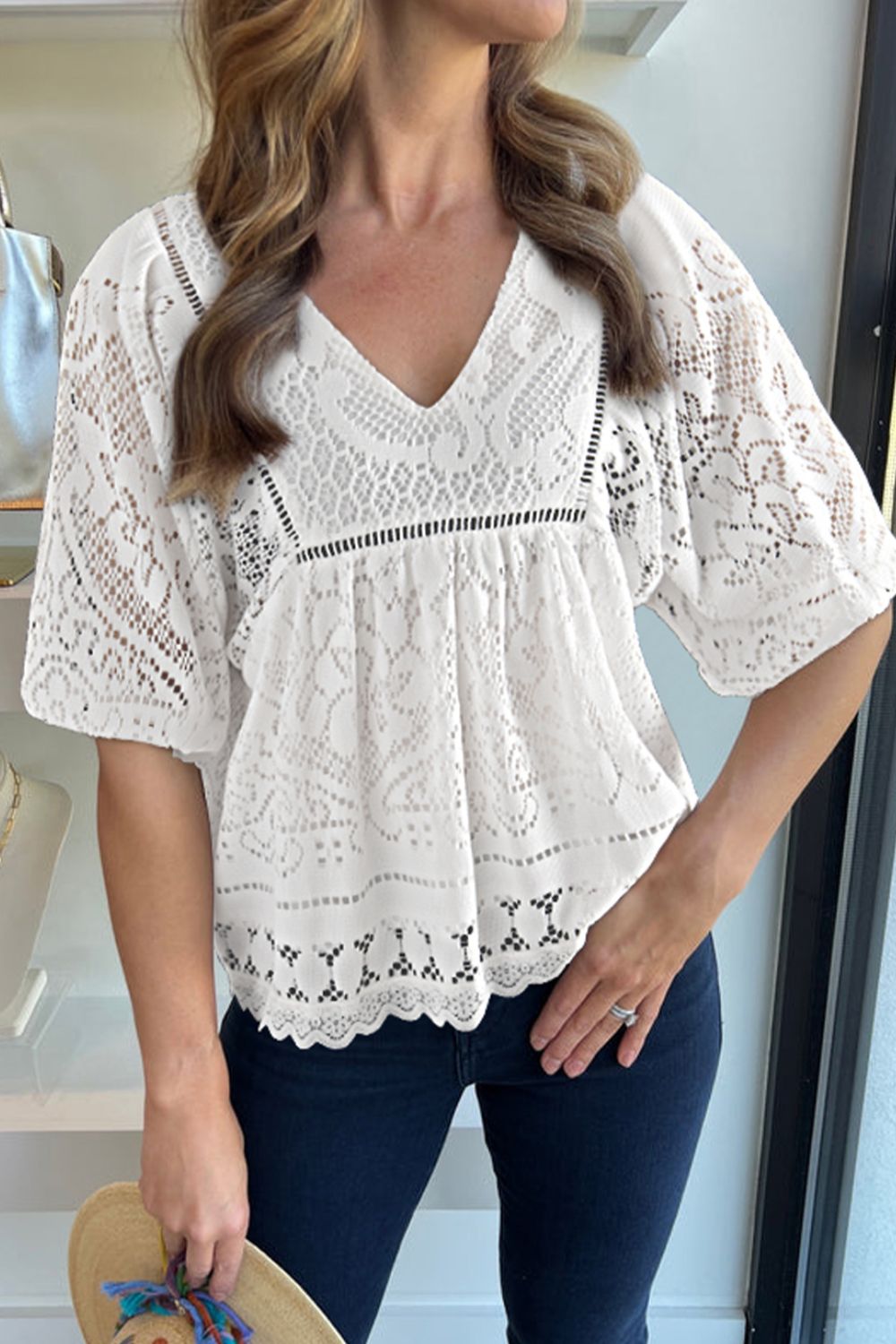 White Elegant Lace Polyester Top - Machine Washable, No Stretch, Imported Apparel & Accessories > Clothing > Tops Blouse Crochet Hem Lace Neck Neck Blouse Ship From Overseas sync-pinterest SYNZ T V V Neck