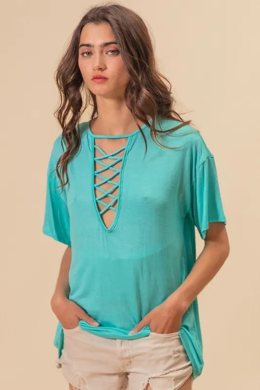 Jersey Knit Top - Criss Cross Neck - Casual Chic - Rayon Blend 4-23-usa BiBi Ship from USA