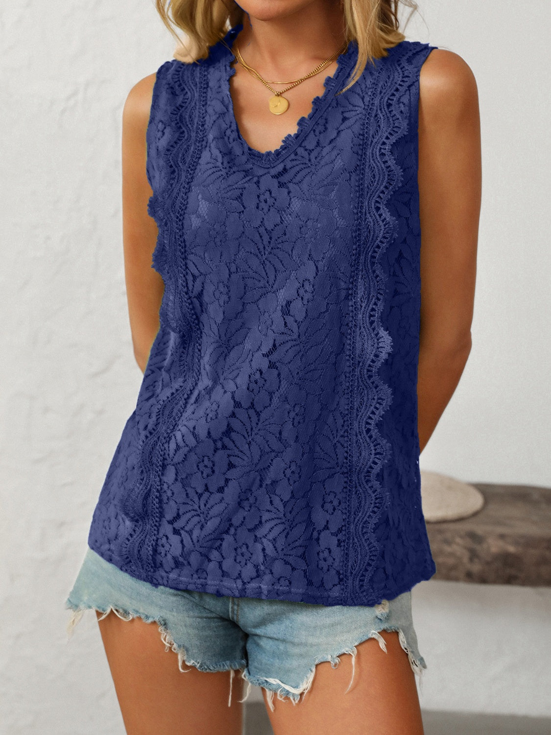Lace Buttoned Stretch Polyester Top - Various Sizes Available Apparel & Accessories > Clothing > Tops And Lace Mandy Neck Neck Tank Ship From Overseas sync-pinterest Tank V