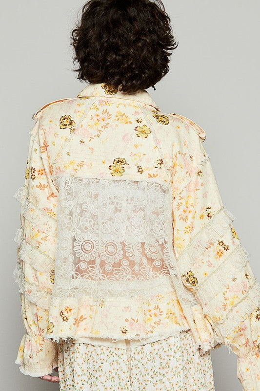 Yellow Flounce Sleeve Jacket - Lace Patch - Raw Hem new POL Ship from USA