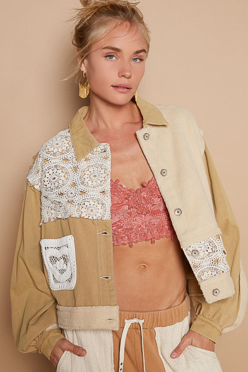 L Sand Olive Button up Jacket - Exposed Seam - Lace Patch Clothing & Accessories > Clothing > Outerwear > Jackets autopostr_pinterest_71899 autopostr_pinterest_71901 button crochet exposed jacket patch PinterestNew pol seam