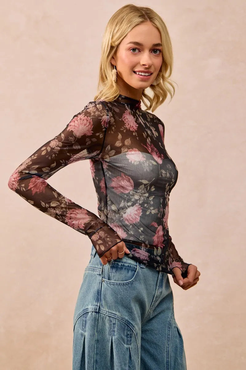 Floral Mesh Sheer Blouse with Ruched Sleeves BiBi Ship from USA