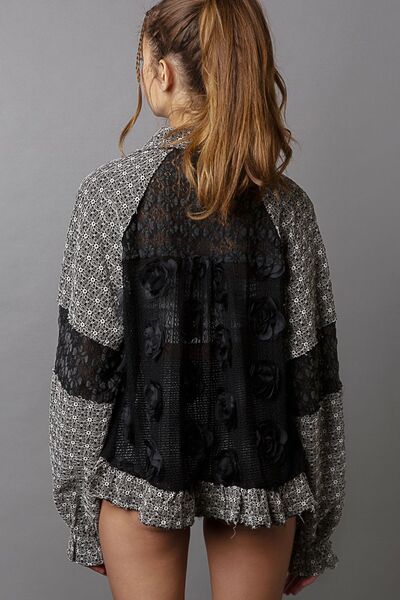 Black Lace Patchwork Button up Shirt - Flower Pearl Details new POL Ship from USA