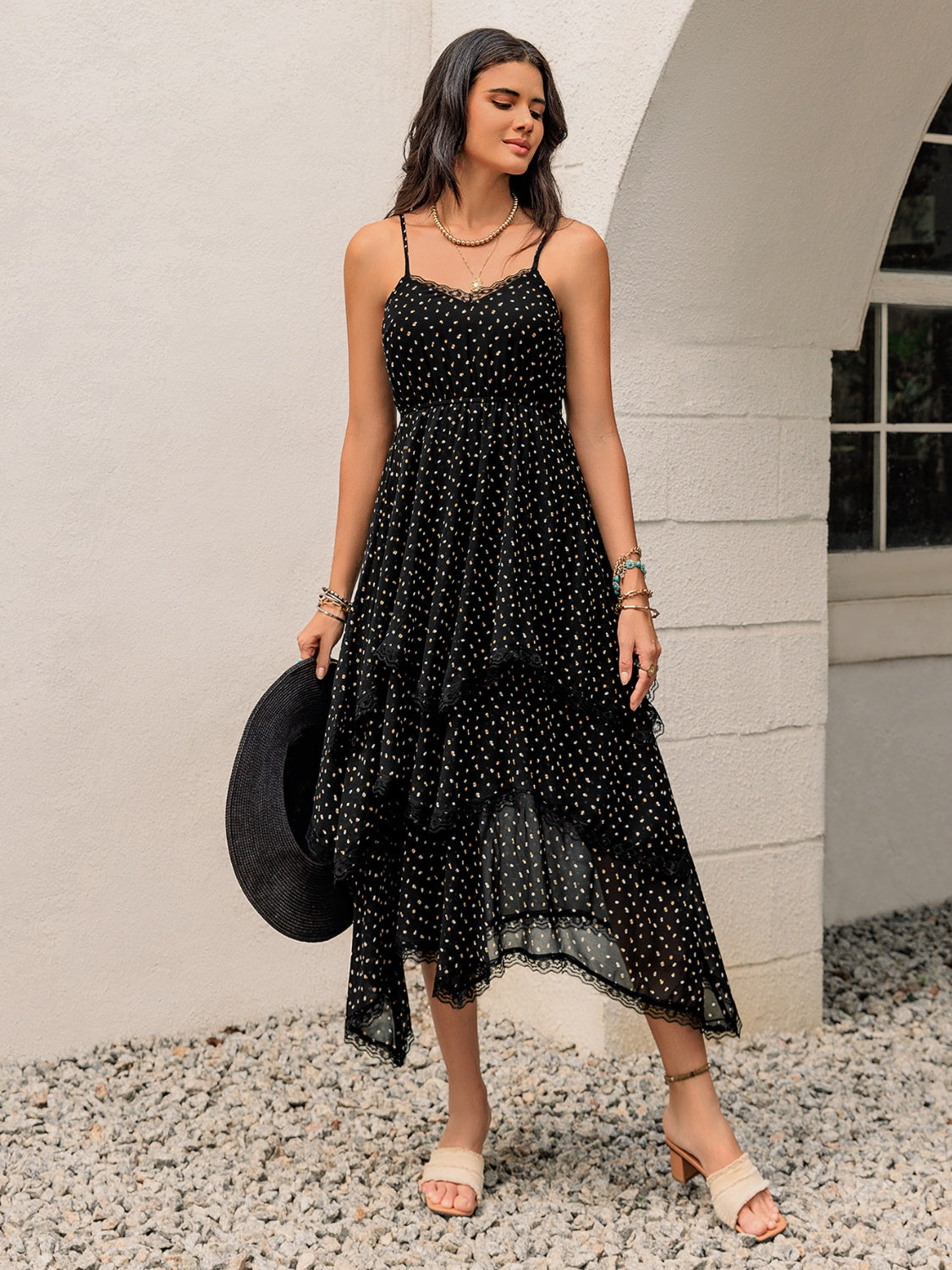 Midi Dress - Lace Detail - Layered - Soft Polyester - Opaque Apparel & Accessories > Clothing > Dresses Cami Cami Dress Detail Dress Lace Lace Detail Layered Midi Print Printed Rusttydustty Ship From Overseas sync-pinterest T