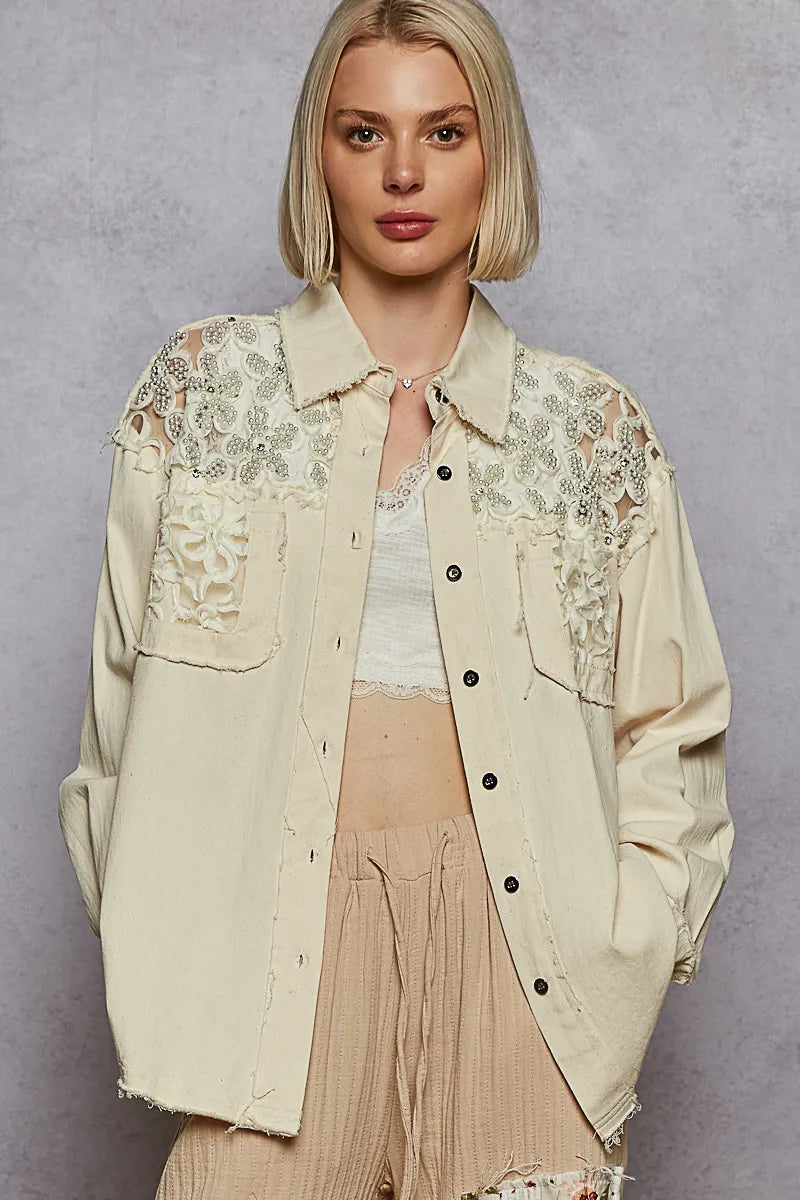 White Cotton Shirt - Boho Embroidery Layering 7-11 POL Ship from USA