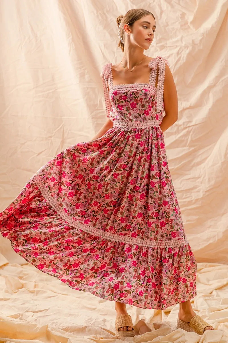 PINK COMBO Smocked Floral Maxi – Bohemian Ruffle Dreams 7-11 Ship from USA SO ME