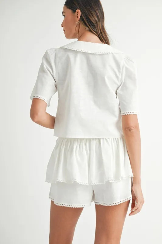 Chic Collared Button-Down Crop Top and Skort Set with Lace Detail Apparel & Accessories > Clothing > Outfits & Sets autopostr_pinterest_72819 MABLE Only Available for U.S. Residents Ship from USA sync-pinterest