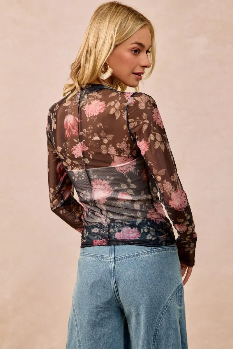 Floral Mesh Sheer Blouse with Ruched Sleeves BiBi Ship from USA